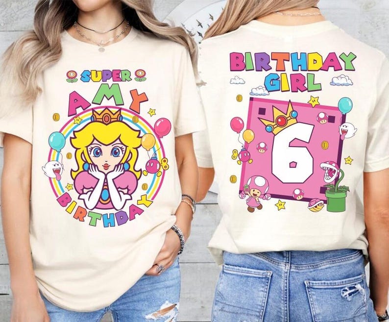Custom Mario Princess Peach Birthday Shirt, Mario Galaxy Movie Shirt, Epic Universe Mario Family Shirt, Mario Luigi Birthday Theme Party -1 Bild 1