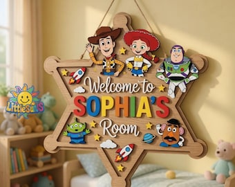 Letrero personalizado de Toy Story, colgador de puerta infantil personalizado, decoración de dormitorio de Buzz Lightyear, letrero de madera para sala de juegos, regalo para habitación de niño de Disneyland