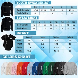 a collection of youth sweatshirts and sweatshirts in various colors, along with size charts and measurements for each type of sweatshirt.