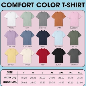 a collection of t-shirt designs in various colors and sizes, with a table below providing the corresponding measurements.