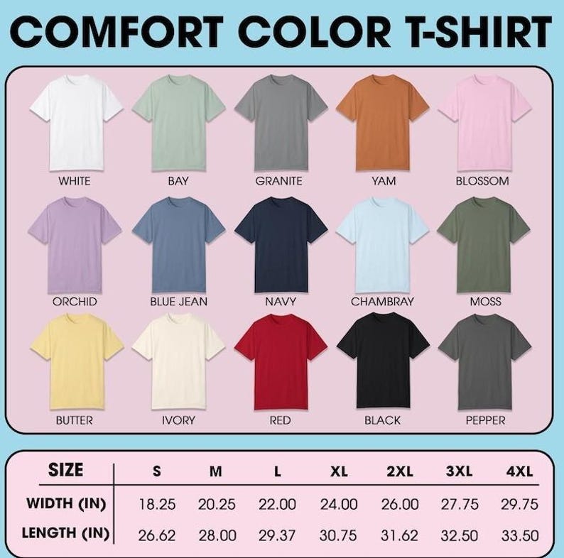 a collection of t-shirt designs in various colors and sizes, with a table below providing the corresponding measurements.