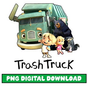 Puede incluir: Ilustración de dibujos animados de un camión de basura verde con un oso, un mapache y dos niños. El texto "Trash Truck" está debajo de la imagen, con "PNG DIGITAL DOWNLOAD" en un rectángulo verde.