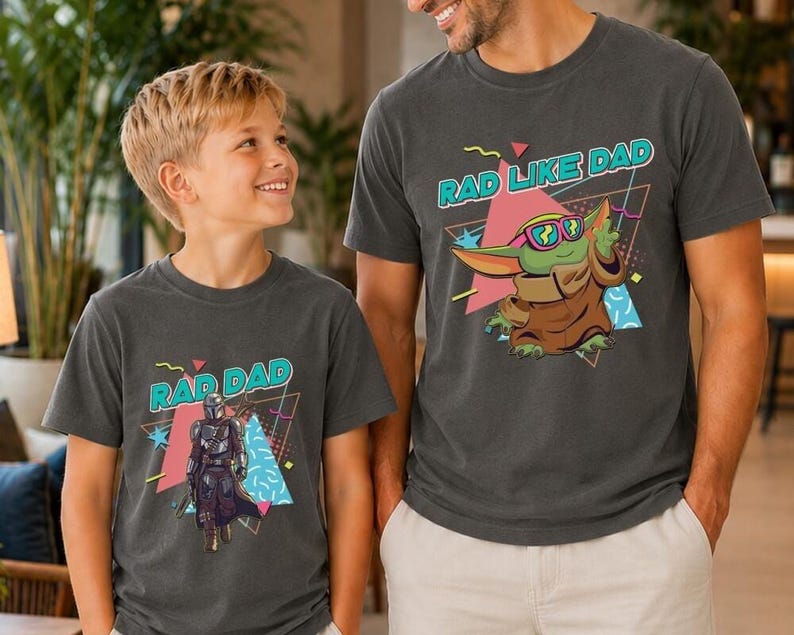 Rad Dad Mandalorian and Baby Yoda Matching Shirt, Retro 90s StarWars Father Day Matching Shirts, Dad and Son Baby Yoda Tees image 1