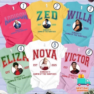 May include: Collection of six colorful t-shirts featuring character names and portraits from "Zombies 4: Dawn of the Vampires." Each shirt displays a different name in a collegiate font, with the year 2025.