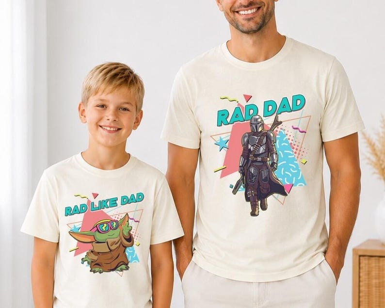 Rad Dad Mandalorian and Baby Yoda Matching Shirt, Retro 90s StarWars Father Day Matching Shirts, Dad and Son Baby Yoda Tees image 3