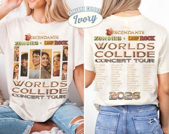 Camiseta de la gira Descendants Zombies Camp Rock Worlds Collide 2026, Camiseta de la gira Descendants Zombies 2026, Camiseta Camp Rock, Camiseta de la gira Disneyland