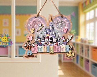 Mickey Disneyland Classroom Sign, Personalized Minnie Mouse Decor, Custom Teacher Name Plate, Wooden Door Hanger, School Room Decoration