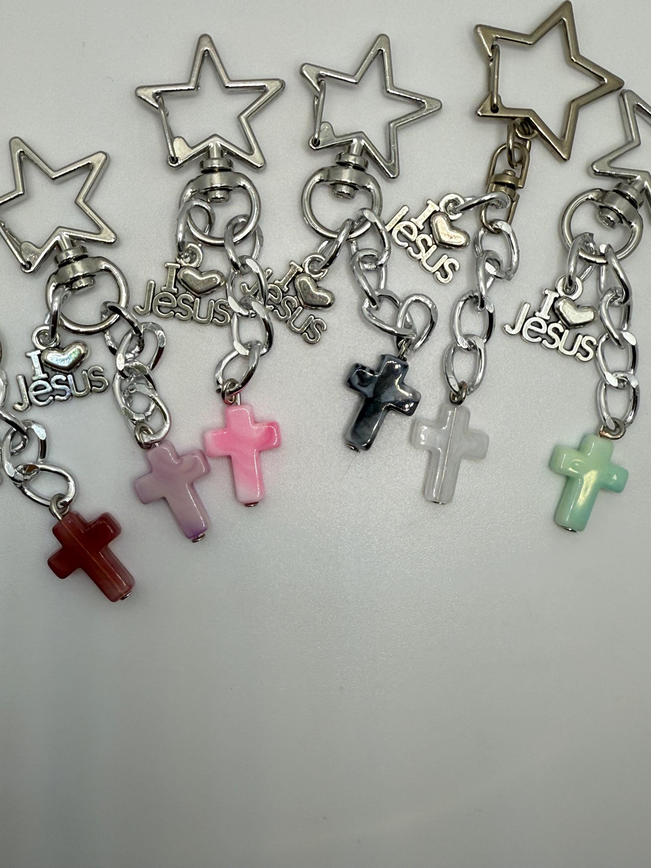 I Love Jesus Keychain: Christian Cross Charm, Pastel Star Clasp - Etsy