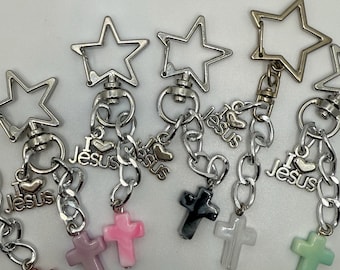 I Love Jesus Keychain: Christian Cross Charm, Pastel Star Clasp