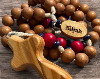 Olive Wood Rosary with Name / Optional Birthstone, Brown, Red, and Blue Personalized Rosary Beads, Faith Rosaries, Catholic Engraved Gift