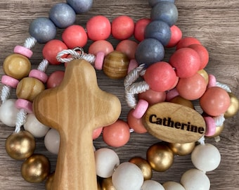 Personalized Coral Pink Rosary with Birthstone and Name, Handcrafted Wooden Beads, Godparent Gift for Girls, Baby Shower Gift for Catholics