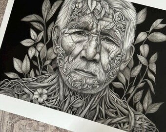 Graphite Elder Portrait Art Print – Botanical Surrealism Drawing – Archival Giclée on Museum-Grade Paper – Nature-Inspired Wall Art