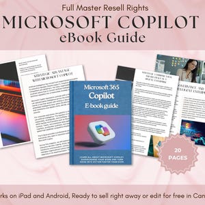 May include: An ebook guide titled "Microsoft Copilot" with the text "Full Master Resell Rights" at the top. The cover of the ebook is blue with the Microsoft 365 Copilot logo. Several pages of the ebook are displayed, along with the text "20 pages".