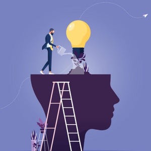 Peut inclure: Illustration d'une personne arrosant une ampoule poussant d'une silhouette en forme de tête. Une échelle et des plantes sont également présentes. L'arrière-plan est un dégradé de bleu et de violet, avec un avion en papier dans le coin supérieur droit.