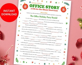 Może przedstawiać: Świąteczna gra słowna typu "uzupełnij luki" zatytułowana "Office Story". Gra do wydruku zawiera dekoracje choinkowe i ozdoby. Widoczne jest również czerwone koło z napisem "Natychmiastowe pobieranie".