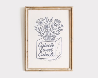 Póster de cubículo con un dulce ramo floral, arte mural para oficina, estampado de flores neutras para decoración de cubículos, regalo para compañeros de trabajo.