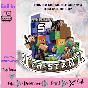 Editable Gamers Cake Topper | Minecrafter Birthday cake Topper| Canva cake File | DIY party Decor | printable Party Decor | Instant Download