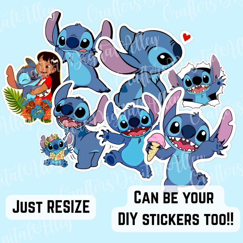 Puede incluir: Una colecci&oacute;n de pegatinas del personaje Stitch azul en varias poses, incluyendo una con helado y otra con Lilo. Las pegatinas est&aacute;n sobre un fondo azul claro con el texto "Just Resize" y "Can Be Your DIY Stickers Too!!".