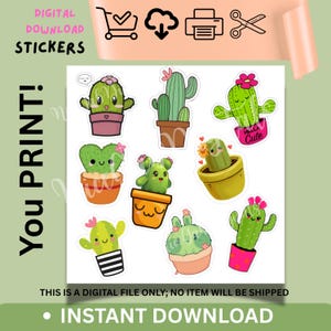 Pegatinas de cactus lindas / DESCARGA INSTANTÁNEA / Clipart de cactus kawaii / Archivo PNG / Descargar e imprimir / Plantillas de cactus adorables / Pegatinas de hojas verdes