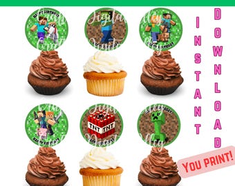 Adorno para cupcake de jugador de descarga instantánea / Adorno para cupcake de cumpleaños de Minecrafter / Archivo PNG de Canva / Decoración de fiesta DIY / Decoración de fiesta imprimible