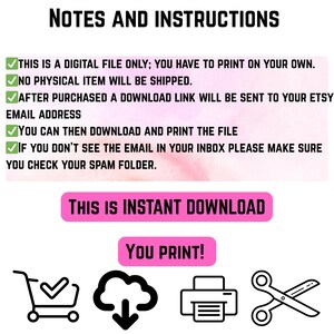 Puede incluir: Un producto de descarga digital con instrucciones. El texto dice "Notas e instrucciones" e incluye detalles sobre el archivo digital, el enlace de descarga y la impresi&oacute;n. La imagen tambi&eacute;n presenta iconos de un carrito de compras, una nube, una impresora y unas tijeras.