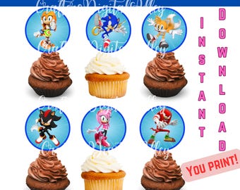 Adornos para cupcakes de Sonic: Decoración para fiesta de cumpleaños del héroe azul (Descarga digital, archivo PDF/PNG)