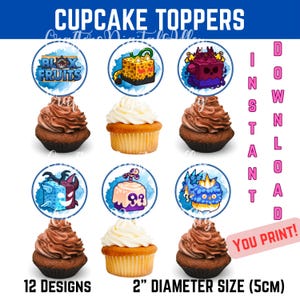Blox Fruit Cupcake Toppers: Printable Birthday Party Decor (PNG, PDF, Canva File)