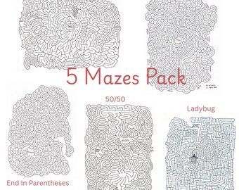 5 Challenging Mazes Bundle - Hand Drawn Digital Download