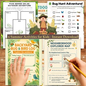 Nature Entdecker Paket 6-seitiges Bündel Outdoor Schnitzeljagd Käfer Vogel Journal Umgebung Karte Sinne Arbeitsblatt Sommer lernen druckbares PDF