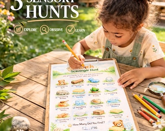 Sensorische Schnitzeljagd im Freien für Kinder, die sie ohne Hilfe beschäftigt, strukturiertes Naturaktivitätssystem, unabhängiges Spielen zu Hause und im Park