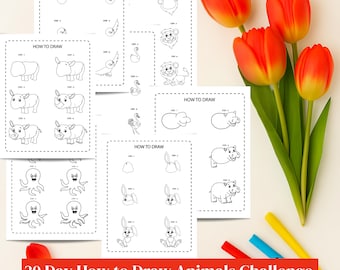 How to Draw Animals for Kids | 30-Day Printable Drawing Challenge | Learn to Draw Animals for Beginners, Art Skills, Kids Activity
