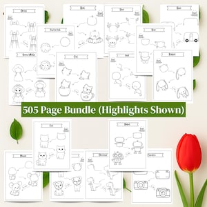 How to Draw Printable PDF for Kids | 505 Step-by-Step Drawing Pages | Beginner Drawing Bundle with Animals, Food, Vehicles & Holiday Themes