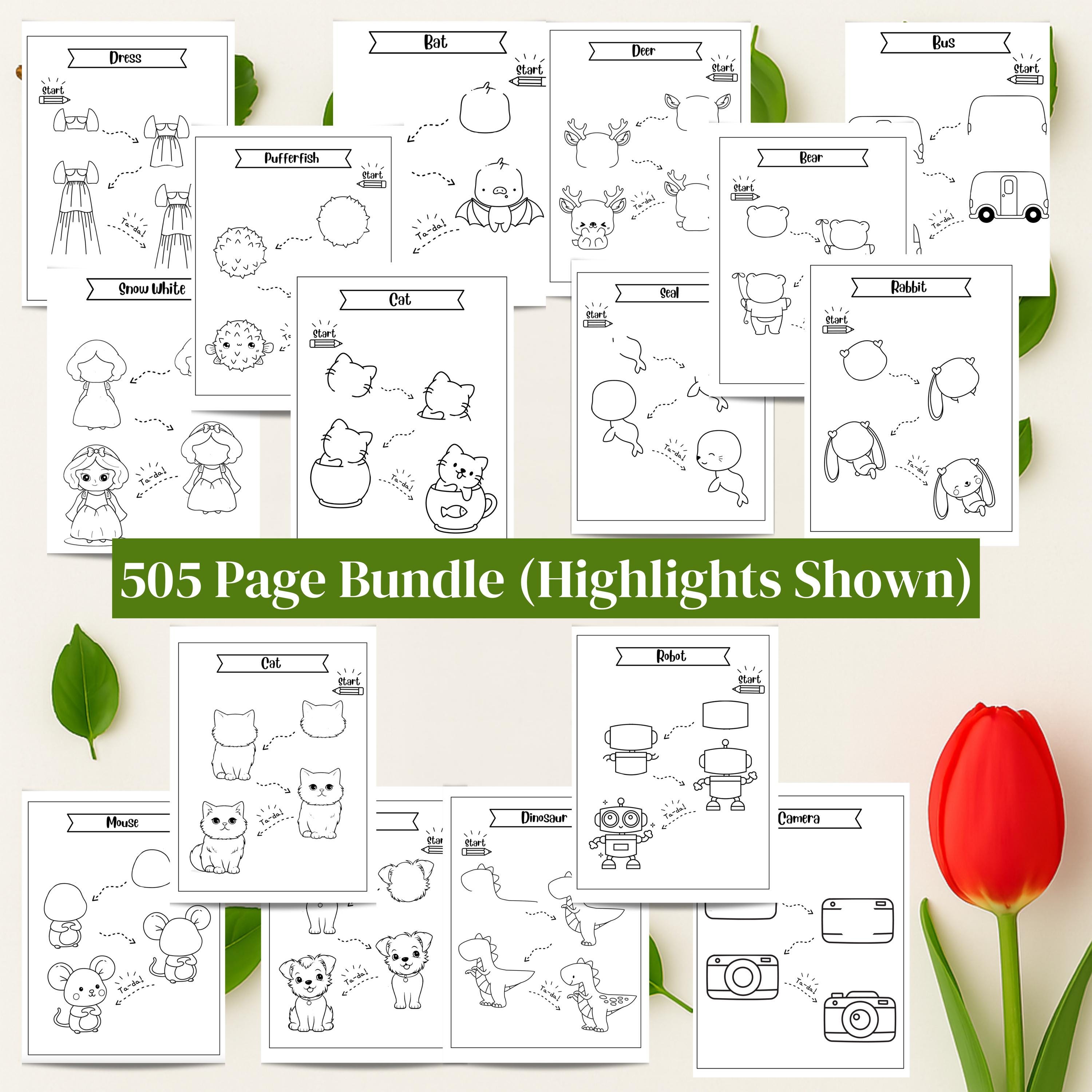 How to Draw Printable PDF for Kids | 505 Step-by-Step Drawing Pages | Beginner Drawing Bundle with Animals, Food, Vehicles & Holiday Themes