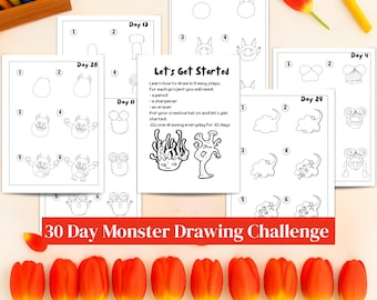 How to Draw for Kids | Printable 30-Day Monster Drawing Challenge PDF | Easy Doodles Halloween Worksheets for Beginners, Fine Motor Skills