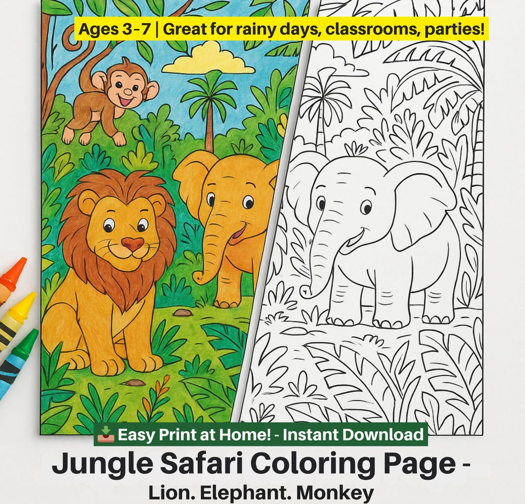 Jungle Safari Coloring Page – Lion, Elephant & Monkey | Printable Kids ...