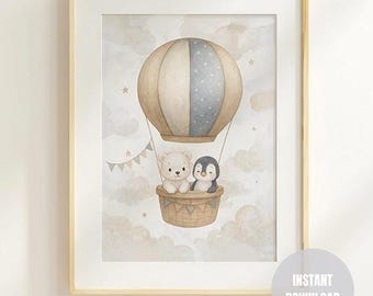 Eisbär & Pinguin Poster: Heißluftballon Kinderzimmer Deko (Digitaler Download)