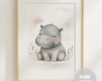Hippo Nursery Print: Watercolor Safari Animal Art (Digital Download)