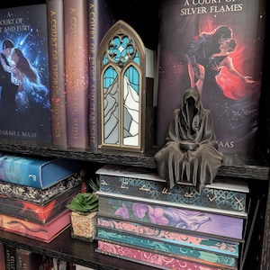 Peut inclure: Une étagère présente des romans fantastiques, dont "A Court of Silver Flames". Une fenêtre décorative en vitrail et une figurine d'une figure encapuchonnée sont placées parmi les livres. Les livres ont des couvertures colorées, et une petite plante en pot ajoute une touche de verdure.