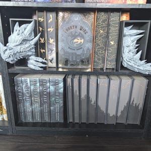 May include: A black bookshelf displays fantasy books and dragon bookends. The bookends are a gray dragon head and tail. The books have gold and silver accents, with titles including "Fourth Wing" and "Warrior Fae".