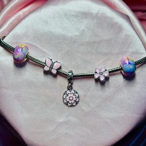 Pink Butterfly & Flower Charm Bracelet - Handmade Silver Bracelet with Pastel Glass Beads - Gift for Her - Little Sparkle Co.