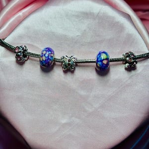Purple Galaxy Glass Bead Butterfly Charm Bracelet | Handmade Silver & Pink Accent Bracelet | Gift for Her