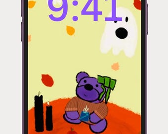 Fall Cozy Bear Phone Wallpaper, Matcha Latte (Digital Download)