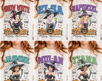 Retro Girly Halloween Princess Characters Shirt, Disney Cartoon Spooky T-shirt, Girls Tee, Rapunzel, Belle, Cinderella, Beauty & The Beast