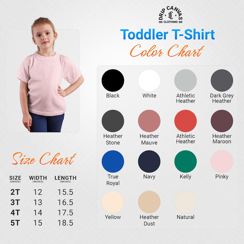 May include: A pink toddler t-shirt is modeled by a young girl. The image includes a color chart with various options like black, white, and pink, and a size chart with measurements in inches for sizes 2T to 5T. The brand name is visible.