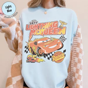 Retro Lightning McQueen 95 Rusteze Shirt, Disney Cars Movie Fan Tshirt, Pixar Cars McQueen Tee, Radiator Springs Race Tee, Youth Kids Tee Chambray/Light Blue