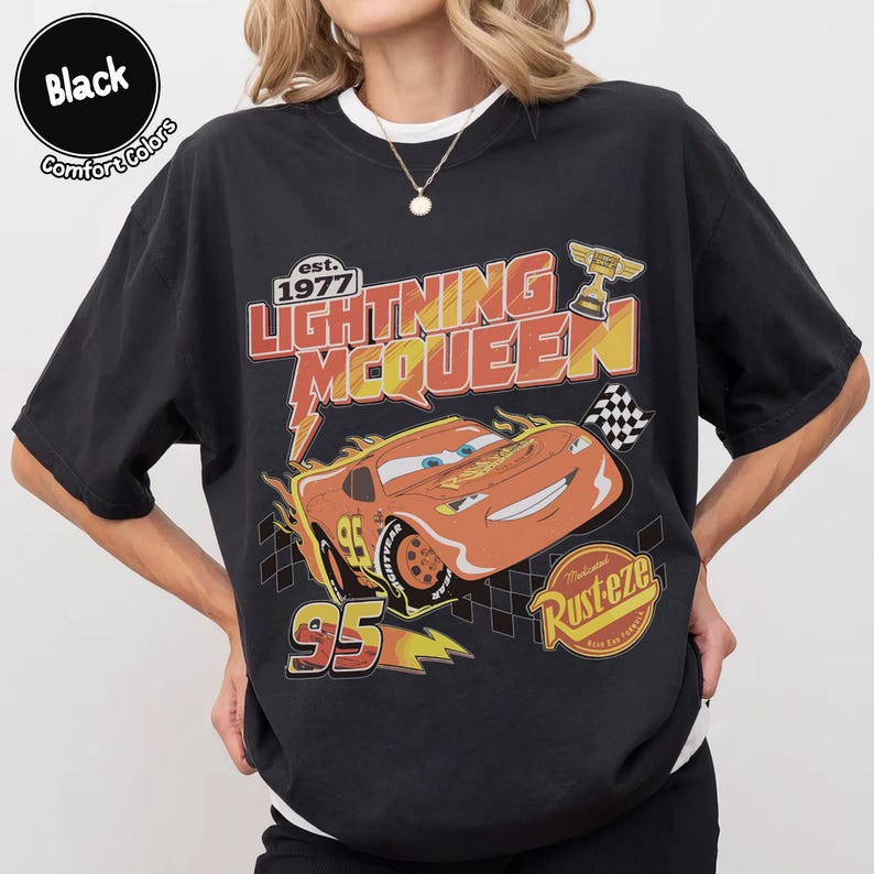 Retro Lightning McQueen 95 Rusteze Shirt, Disney Cars Movie Fan Tshirt, Pixar Cars McQueen Tee, Radiator Springs Race Tee, Youth Kids Tee Black