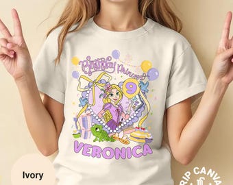 Custom Birthday Princess Rapunzel Youth Tshirt, Personalized Kids Birthday Shirt, Birthday Gift Idea, Disney Customize Name & Age Girl Tee