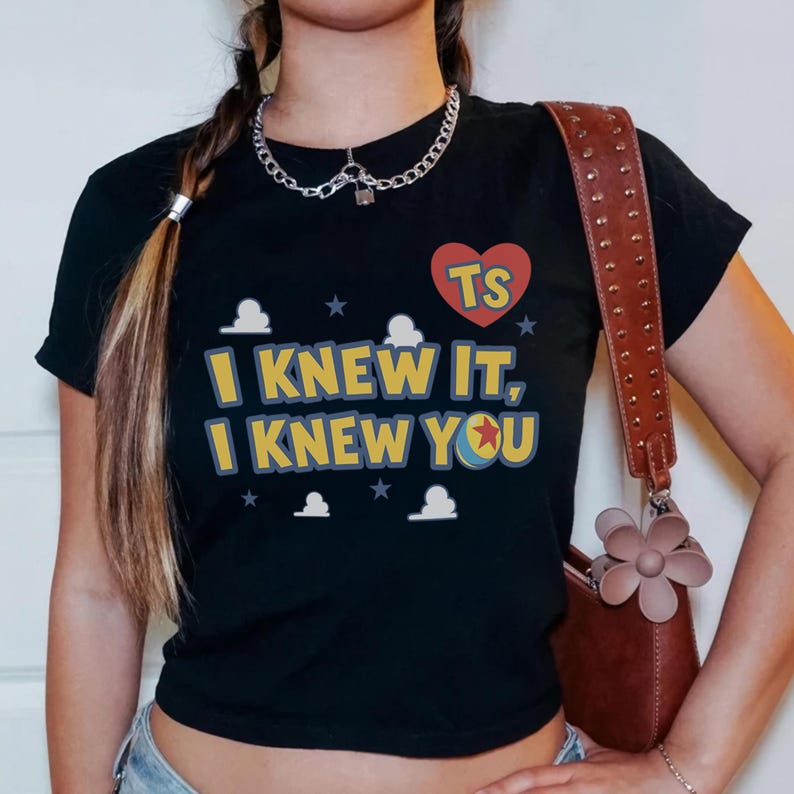 Retro I knew It I knew You TS5 Toy Story Baby Tee, Disney Pixar Toystory 5 Country Music Crop Top, Blue Sky Cloud Woman Cropped Tank BABY TEE - Black