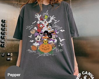 Comfort Color Mickey & Friend Signature Personalized Sweatshirt, Disney Park Halloween Costume, Donald, Pluto, Minnie, Spooky Pumpkin Tshirt