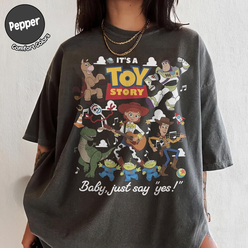 Retro It's A Toy Story Shirt, TS 5 Baby Just Say Yes Country Music Tee, Disney Toystory Land Pixar Fest Trip, Woody n Jessie Cowboy Tee Pepper/Dark Heather